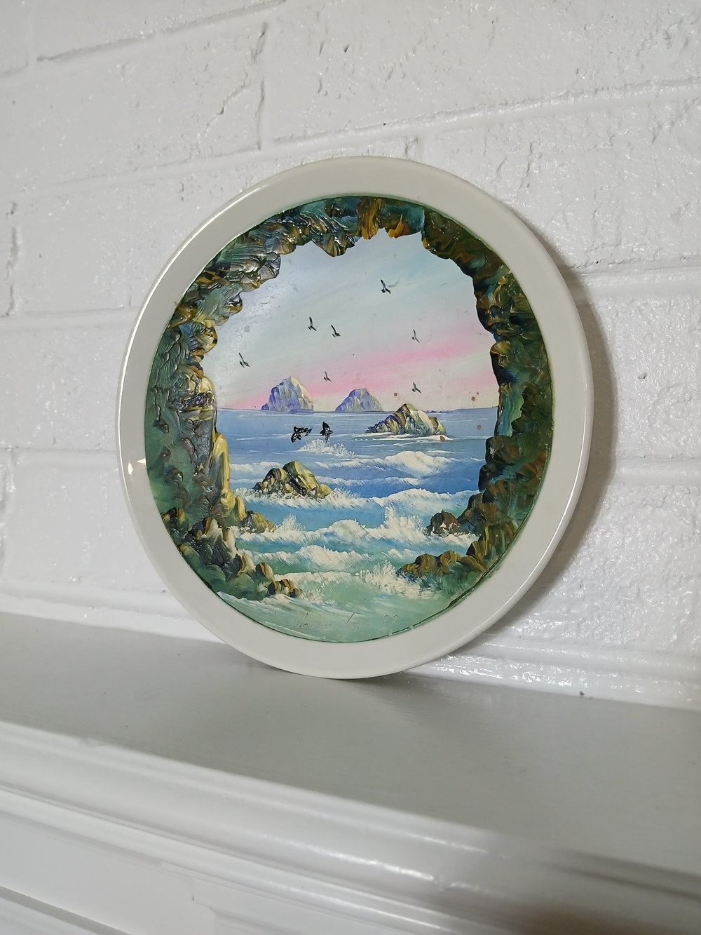 Signed Puerto Vallarta Folk Art Raised‎ Paint Ceramic Plate Coastal Scene Glows
